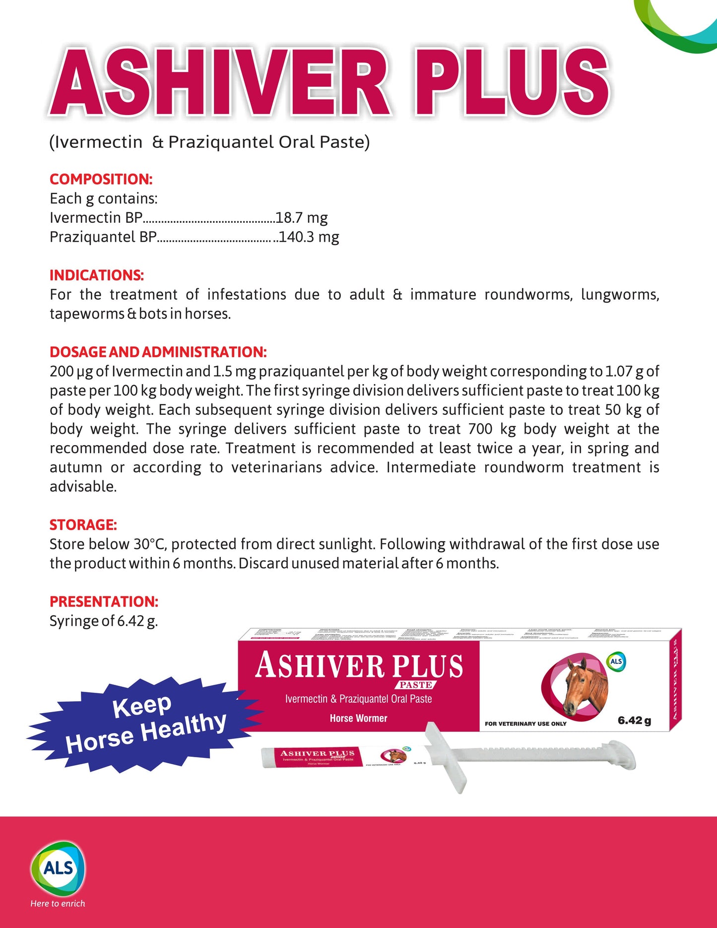 Ashiver Plus Horse Dewormer ALS